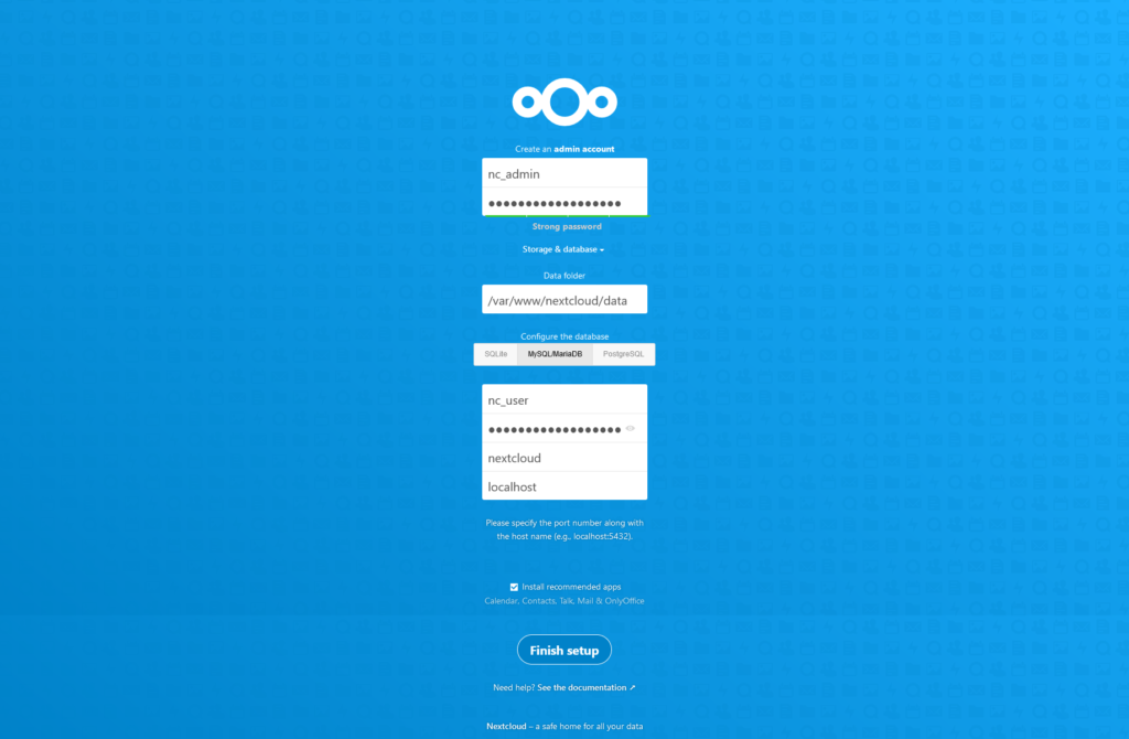 NextCloud 18 installation screen